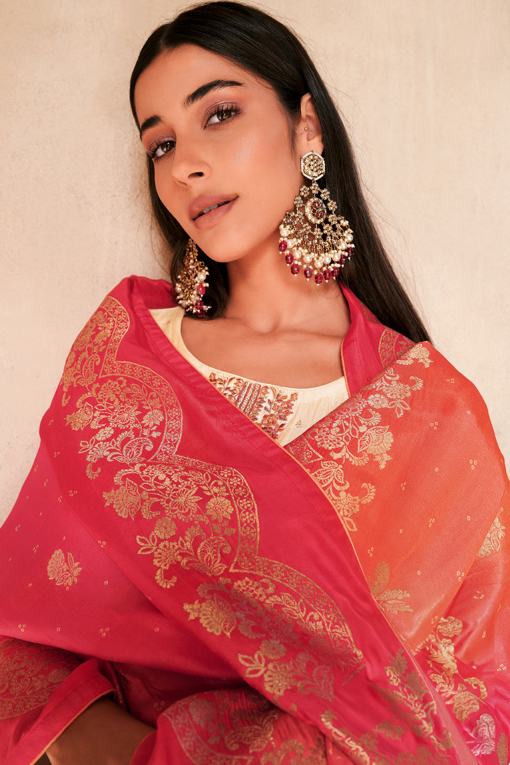 Cream Color Silk Embroidered Unstitched Suit Material.