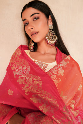 Cream Color Silk Embroidered Unstitched Suit Material.