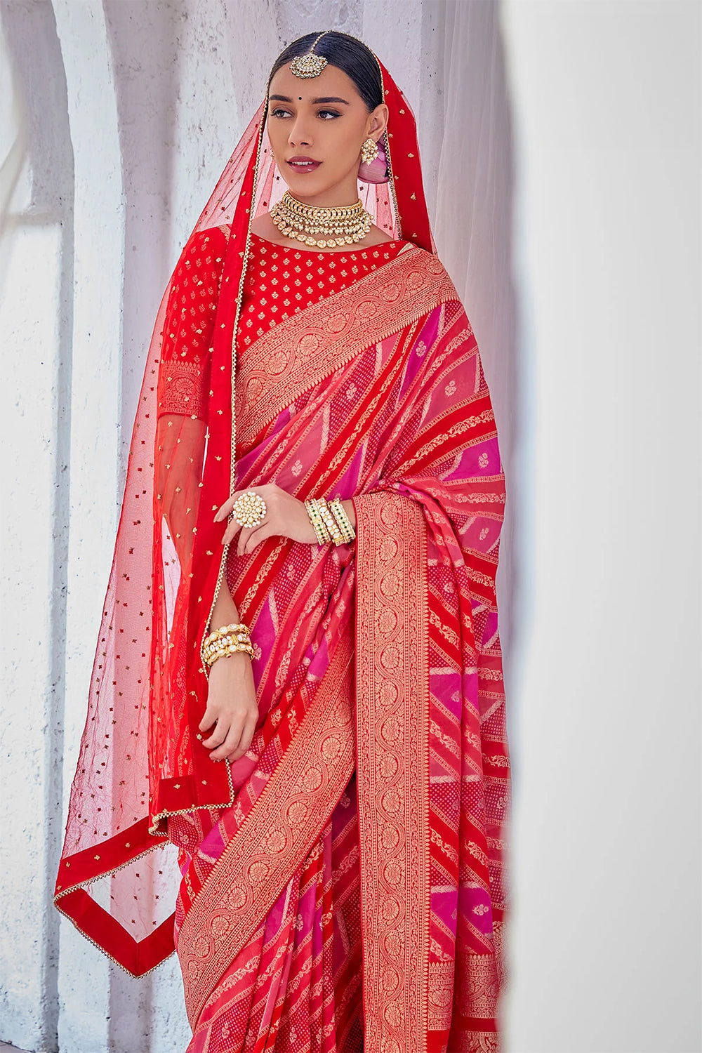 Red Color Khhadi Silk Woven Bandhani Printed Saree