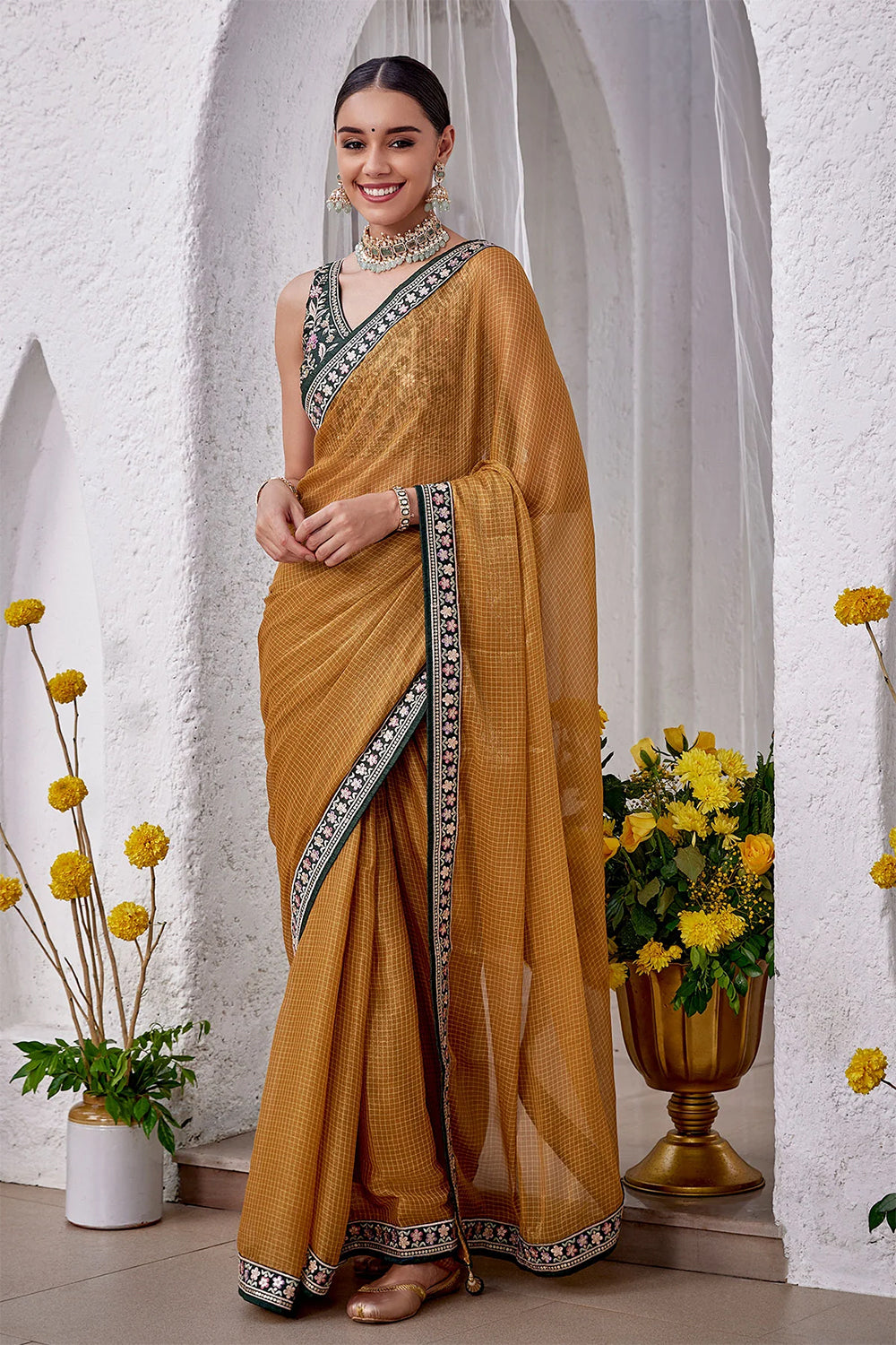 Mustard Color Tissue Silk Saree With Readymade Blouse