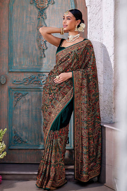 Bottle Green Color Embroidered Georgette Saree