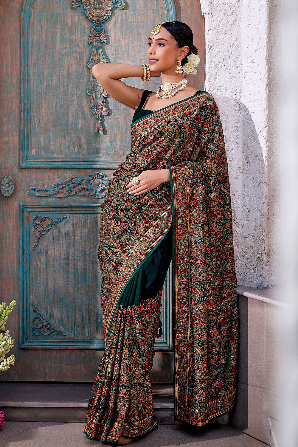 Bottle Green Color Embroidered Georgette Saree