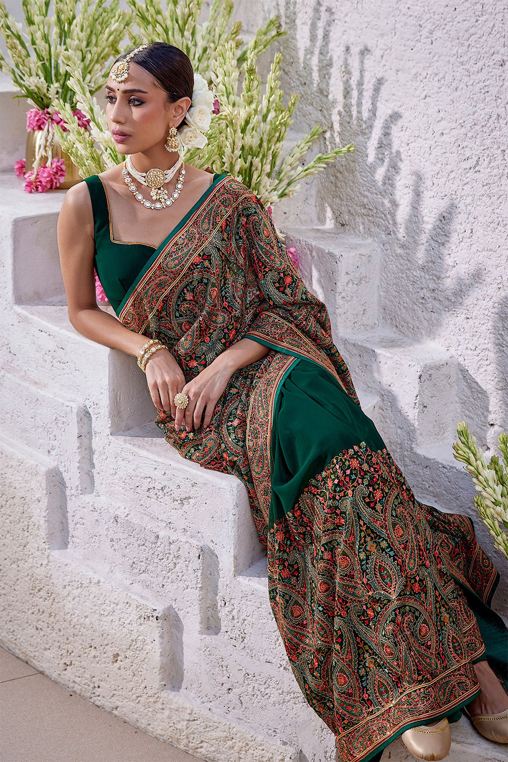 Bottle Green Color Embroidered Georgette Saree