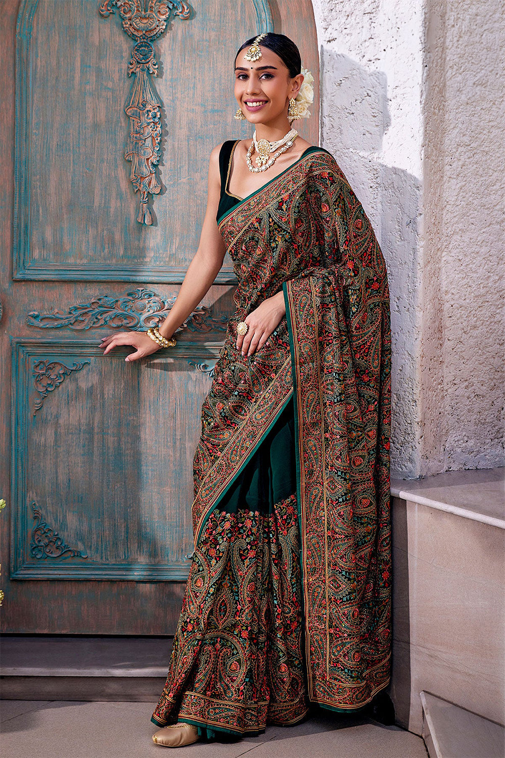 Bottle Green Color Embroidered Georgette Saree