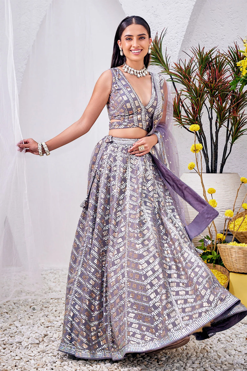 Grey Color Sequins Embroidered Georgette Lehenga