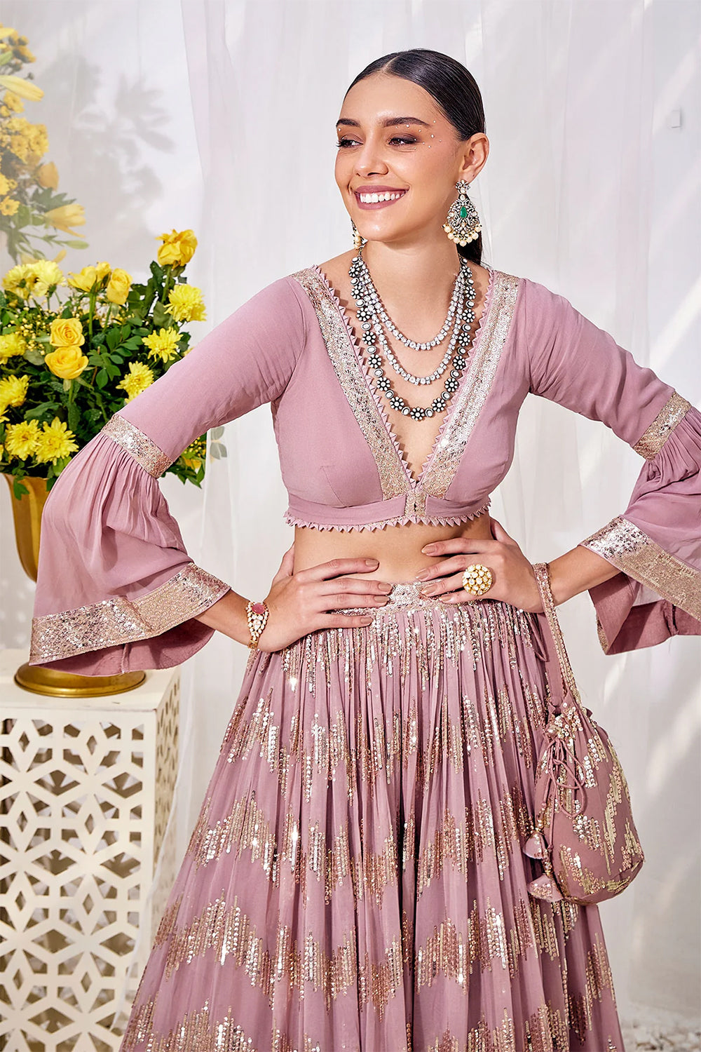 Mauve Color Sequins Embroidered Georgette Lehenga