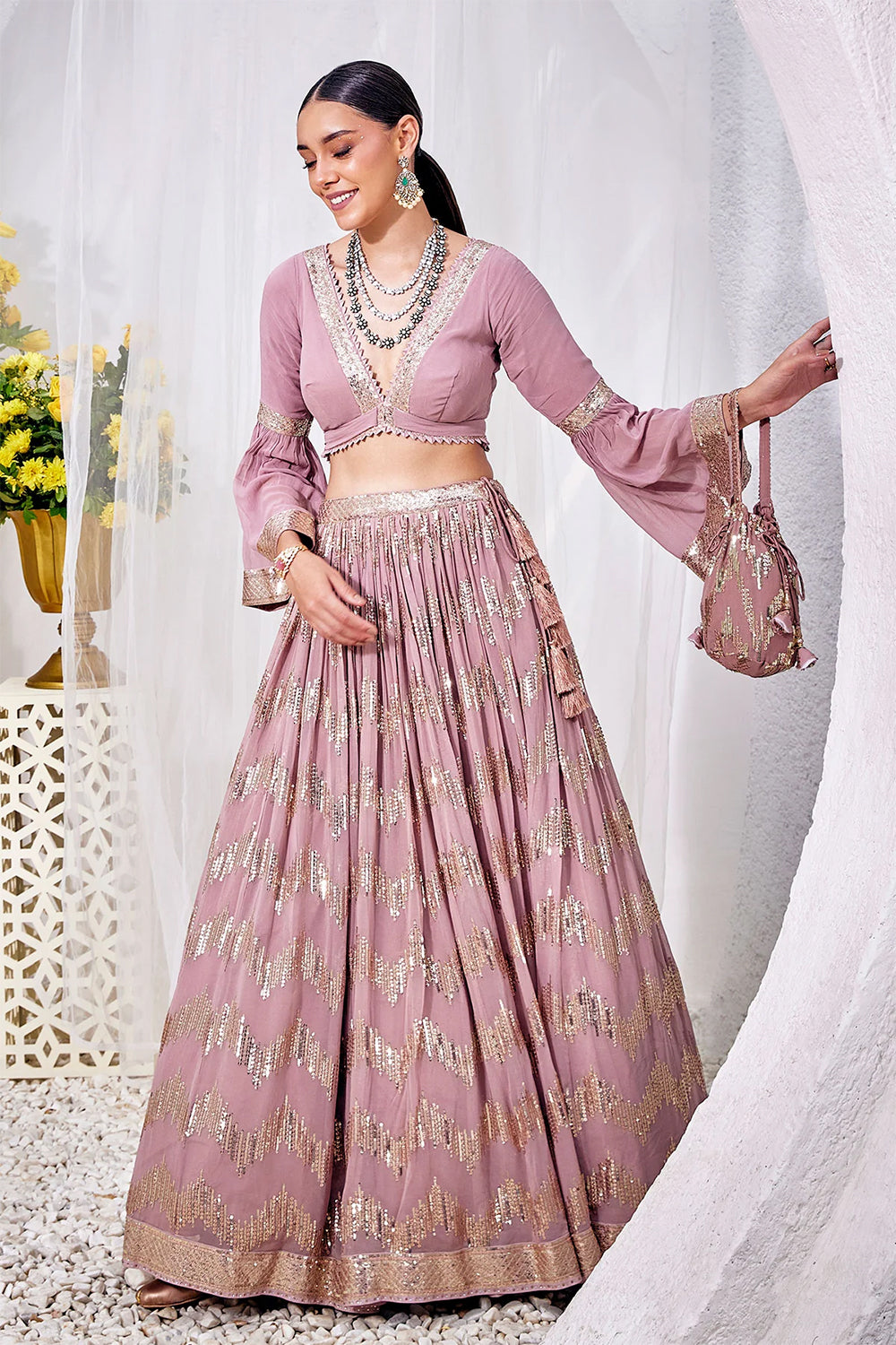Mauve Color Sequins Embroidered Georgette Lehenga