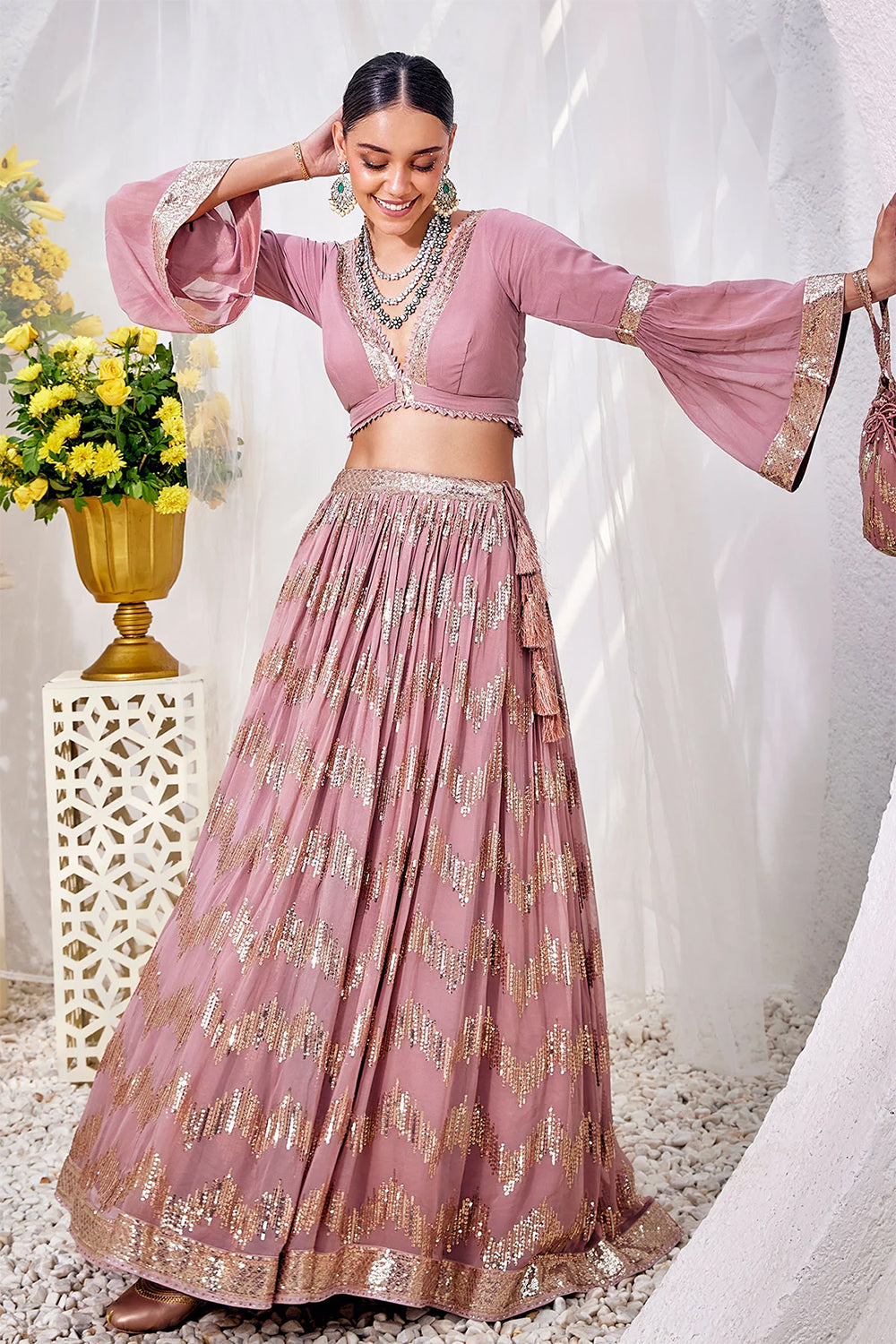 Mauve Color Sequins Embroidered Georgette Lehenga