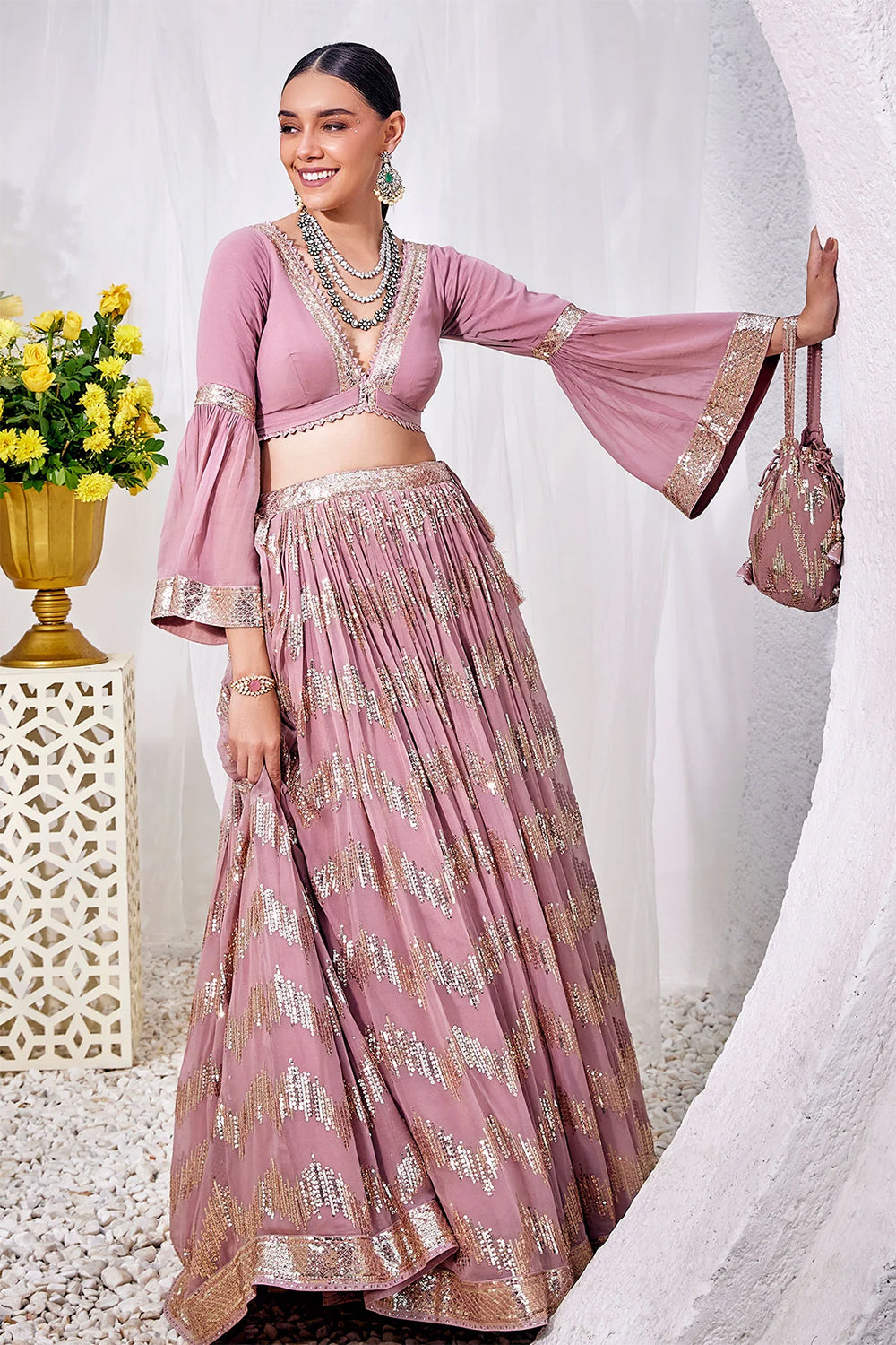 Mauve Color Sequins Embroidered Georgette Lehenga