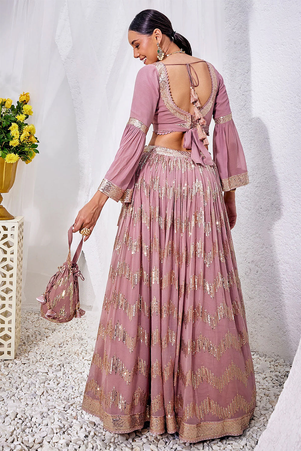 Mauve Color Sequins Embroidered Georgette Lehenga