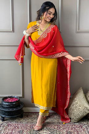Mustard Color Muslin Suit With Contrast Dupatta