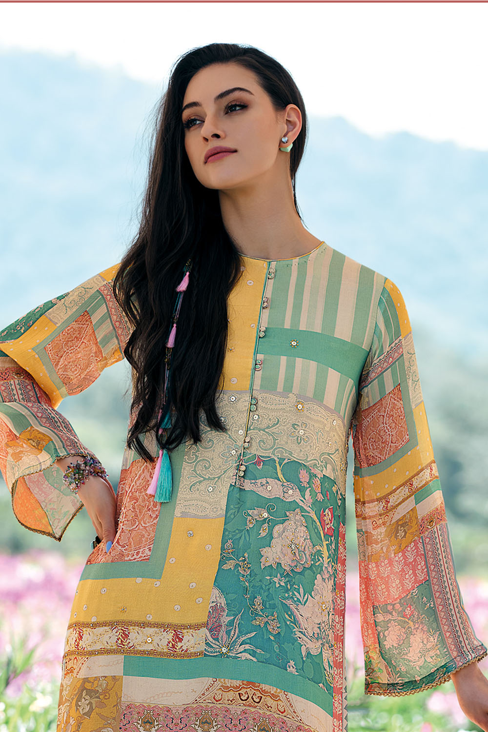 Turquoise Color Chiffon Crepe Printed Unstitched Suit Material
