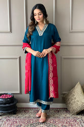Navy Color Muslin Suit With Contrast Dupatta
