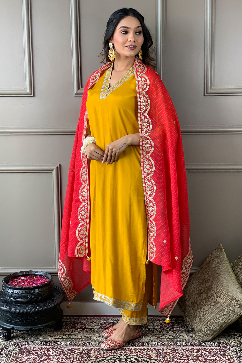 Mustard Color Muslin Suit With Contrast Dupatta