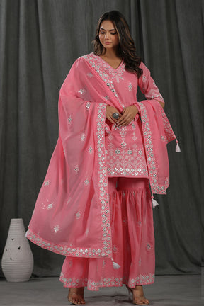 Pink Colour Cotton Embroidered Gharara Suit