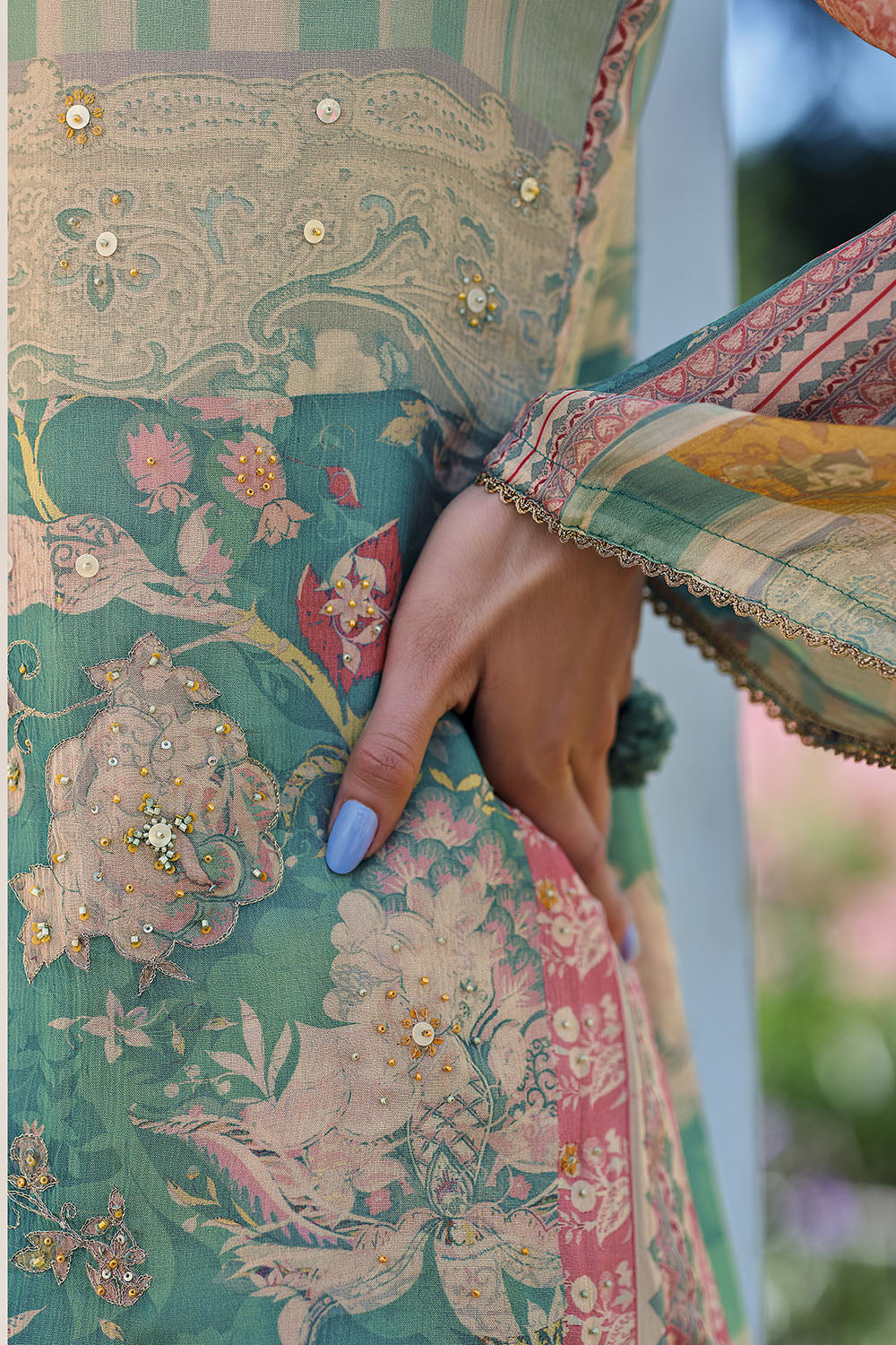Turquoise Color Chiffon Crepe Printed Unstitched Suit Material
