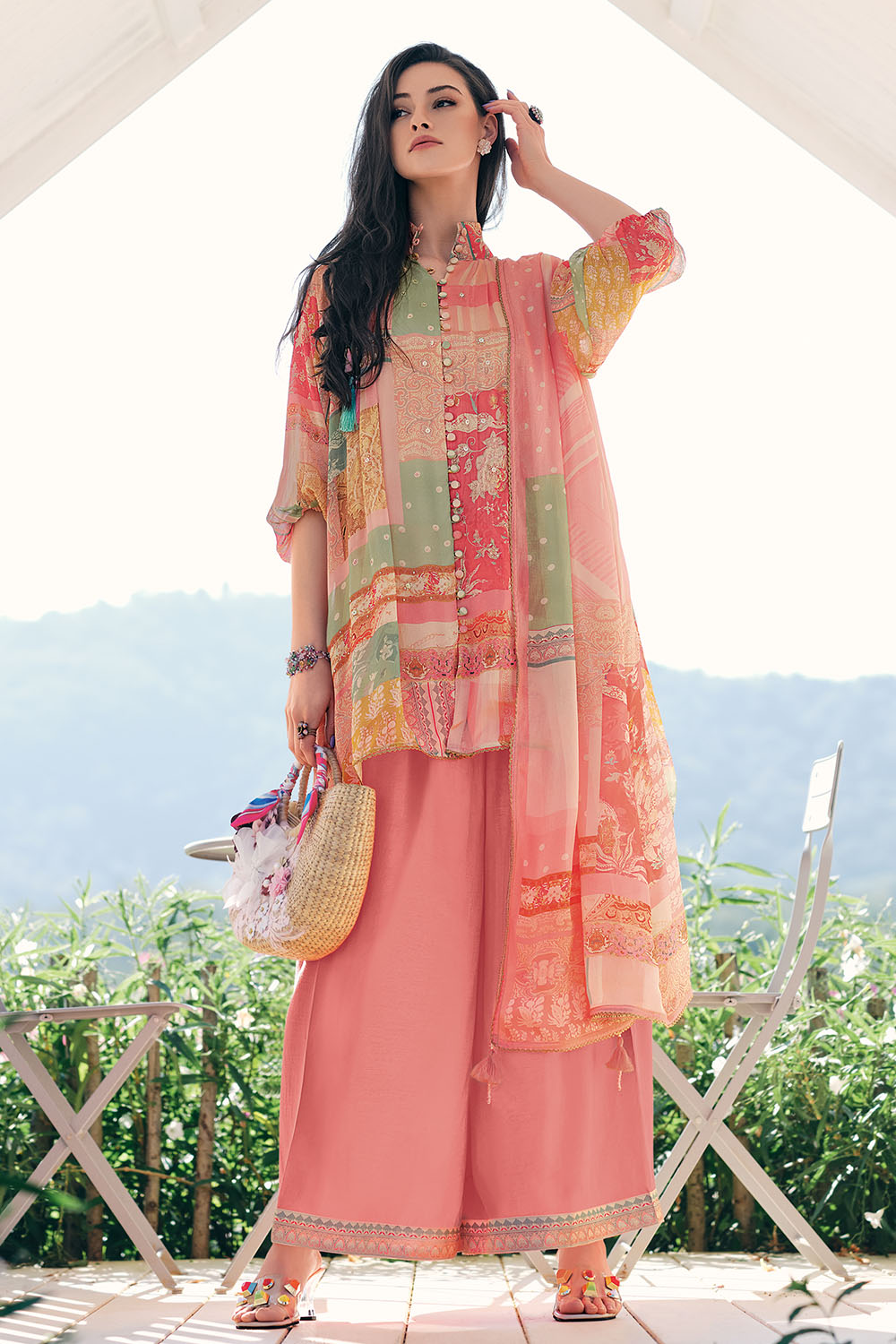 Peach Color Chiffon Crepe Printed Unstitched Suit Material