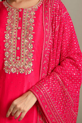 Cherry Red Embroidered Silk Suit With an Unstitched Salwar Fabric