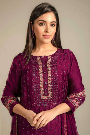 Dark Scarlet Colour Embroidered Silk Suit with Unstitched Salwar Fabric