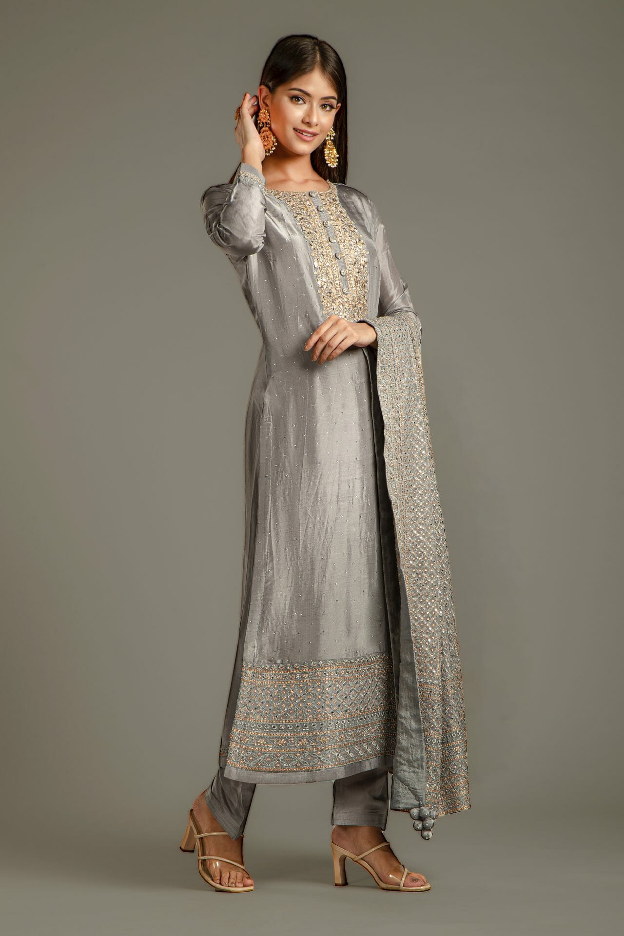 Grey Embroidered Silk Suit Set