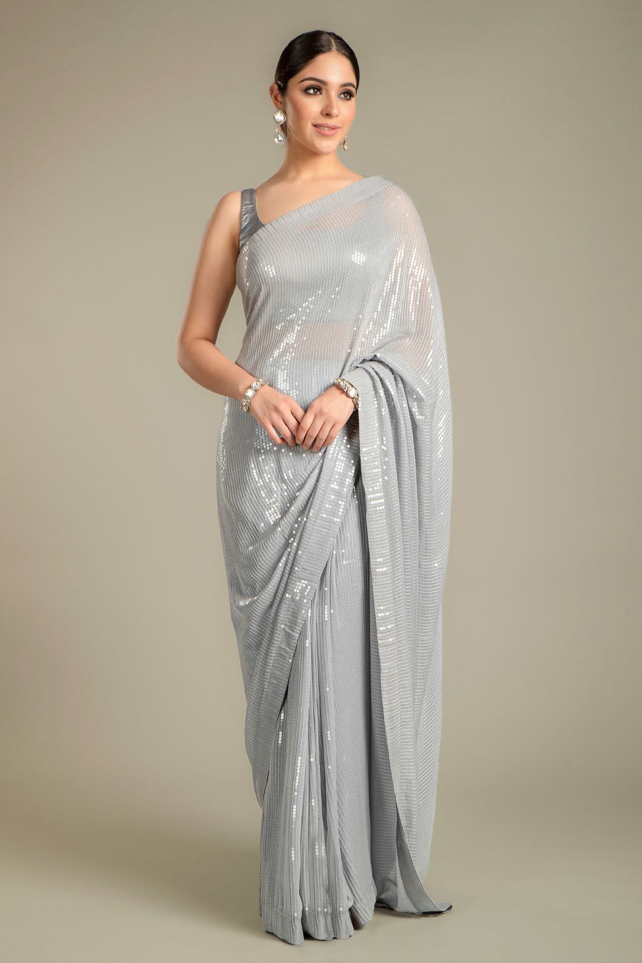 Grey Colour Sequins Work Saree