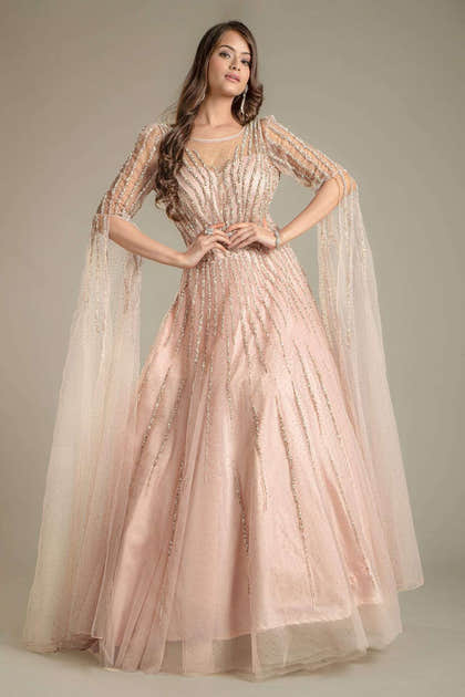Baby Pink Flared Sleeves Net Gown