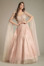 Baby Pink Flared Sleeves Net Gown