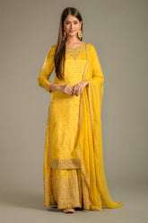 Yellow Colour Embroidered Silk Suit