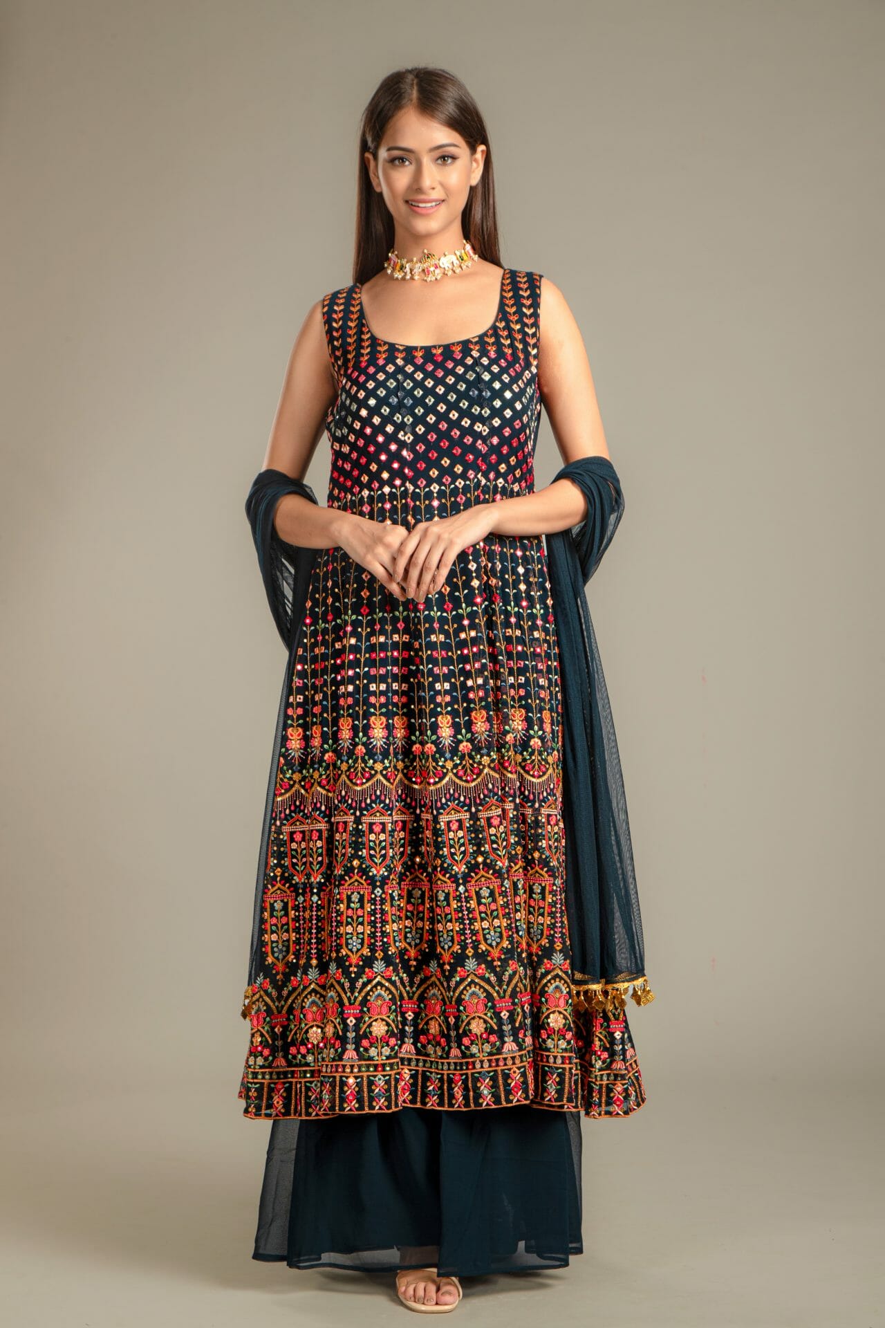 Navy Colour Georgette Anarkali Gharara Suit.