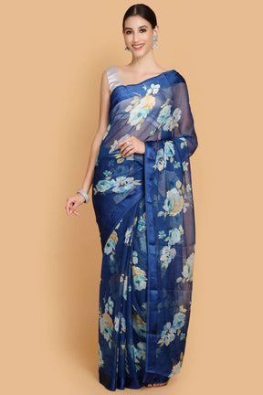 Blue Chiffon Printed Saree.