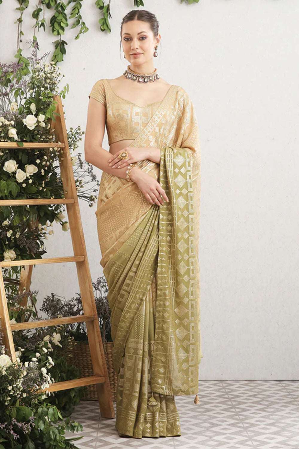 Beige & Pista Ombre Sequins Work Georgette Saree.