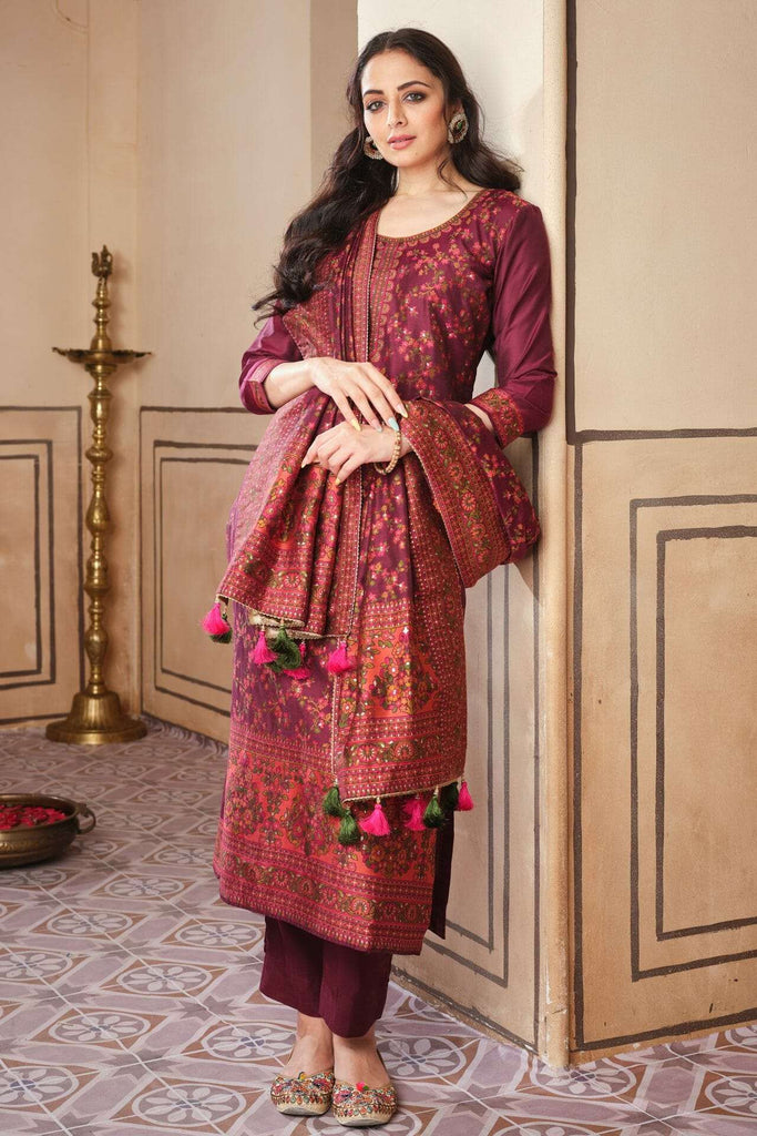Dark Scarlet Colour Chanderi Suit Material.