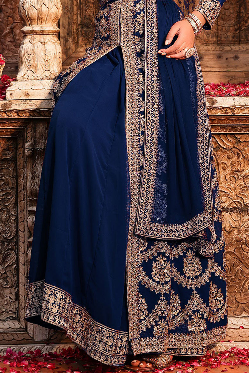 Navy Color Georgette Embroidered Suit With Skirt