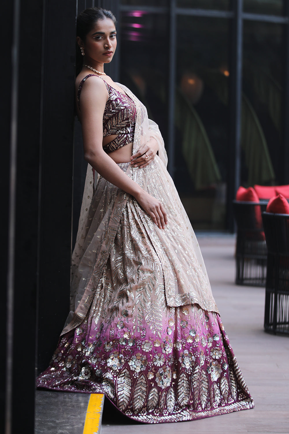 Beige and Wine Ombre Color Georgette Lehenga