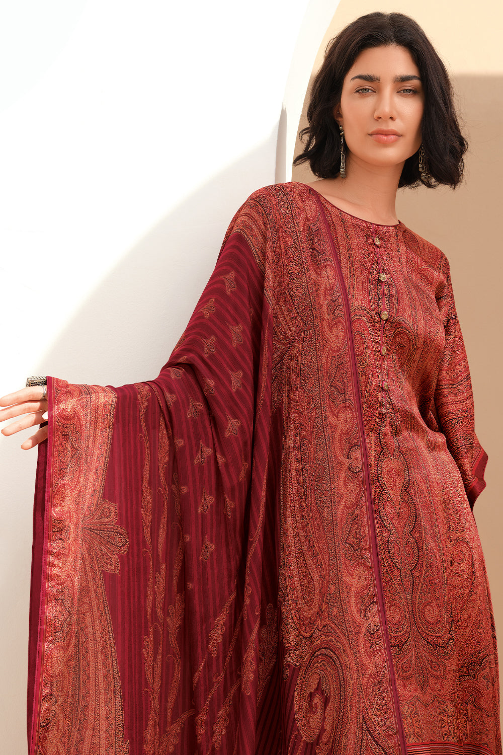 Maroon Viscose Silk Unstitched Suit Material