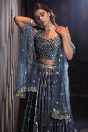 Blue Colour Chinon Silk Lehenga