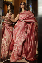 Coral Pink Color Weaving Silk Saree.