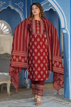 Maroon Colour Cotton Printed Suit