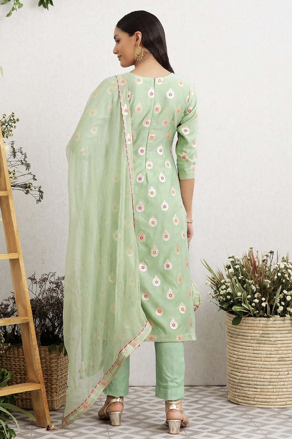 Pista Color Chanderi Woven Suit Material.