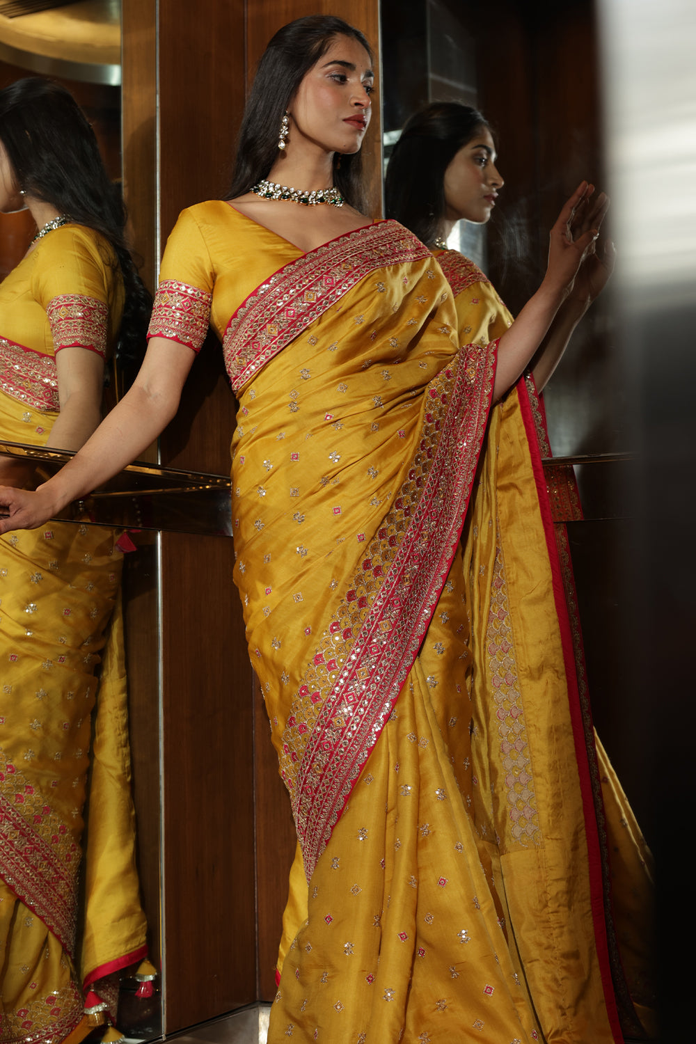 Mustard Colour Embroidery Silk Saree