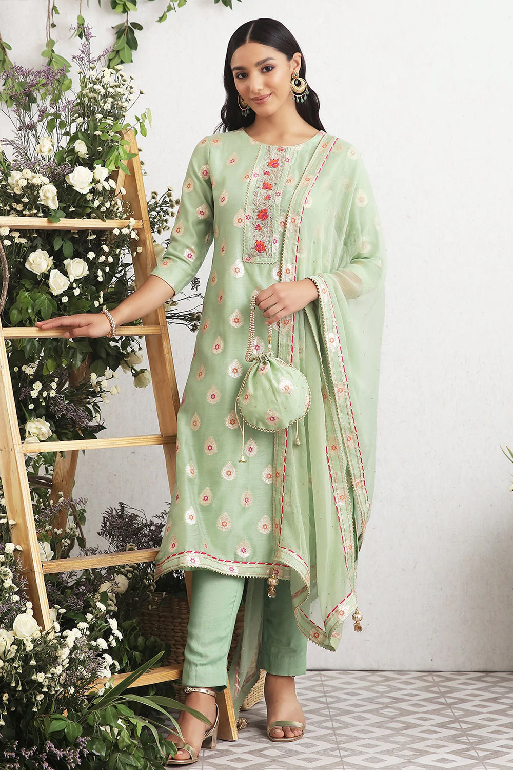 Pista Color Chanderi Woven Suit Material.