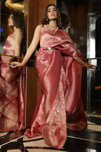 Coral Pink Color Weaving Silk Saree.