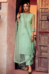 Sea Green Color Net Embroidered Silk Unstitched Suit Material with Embellished Dupatta