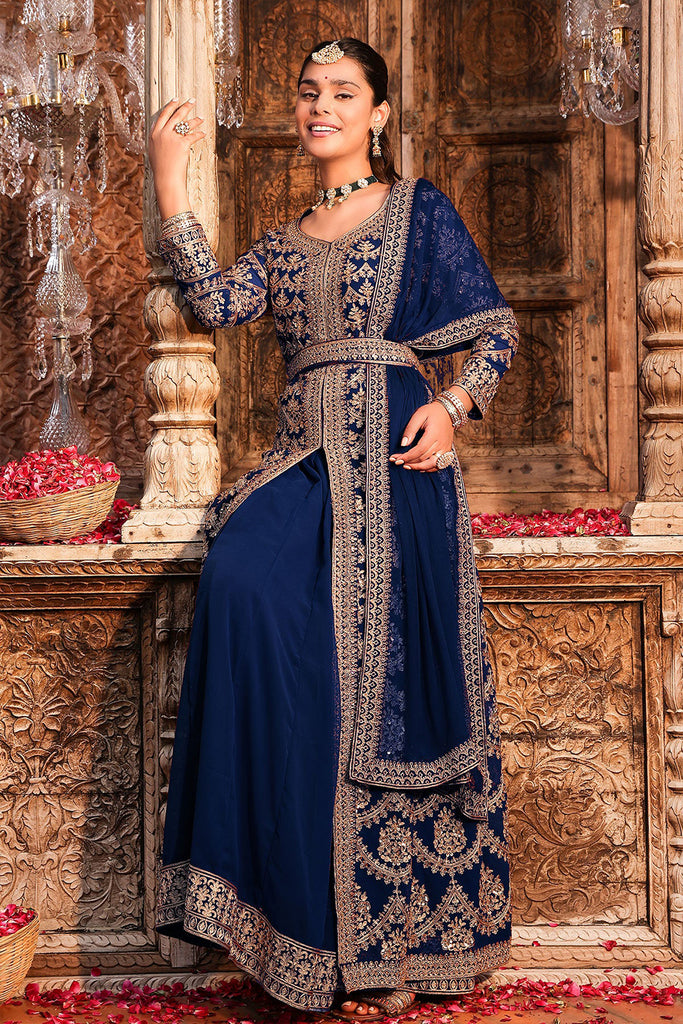 Navy Color Georgette Embroidered Suit With Skirt