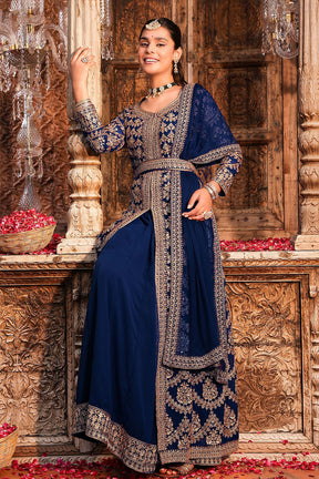 Navy Color Georgette Embroidered Suit With Skirt