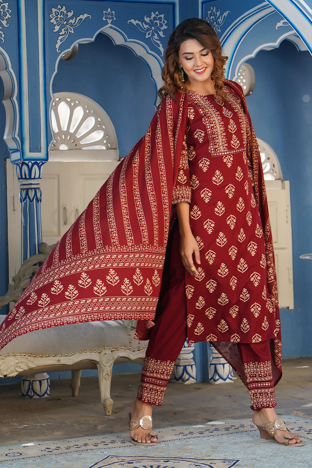 Maroon Colour Cotton Printed Suit