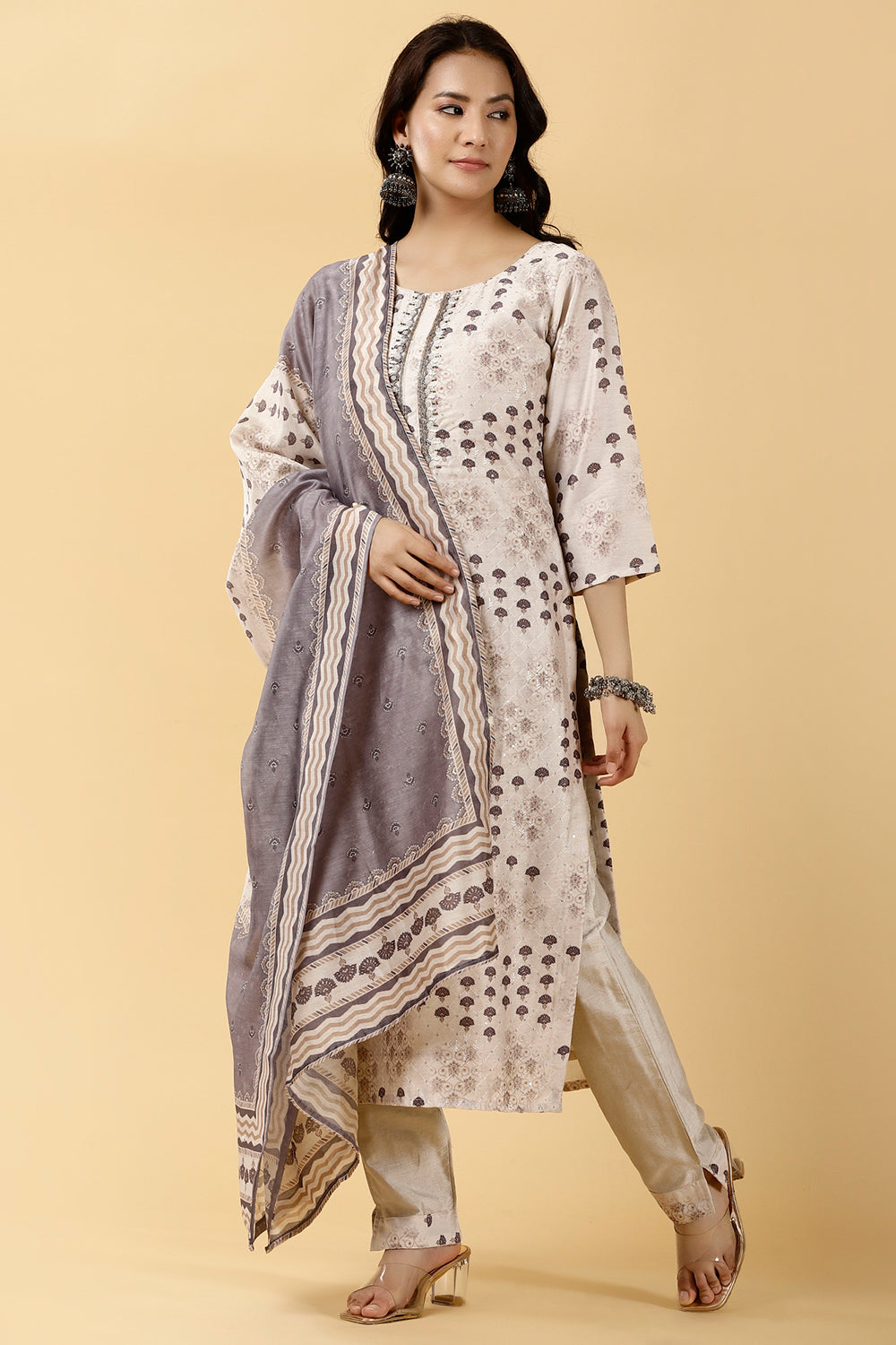 Cream Color Chanderi Printed Suit