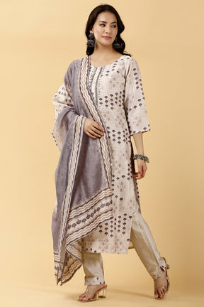 Cream Color Chanderi Printed Suit