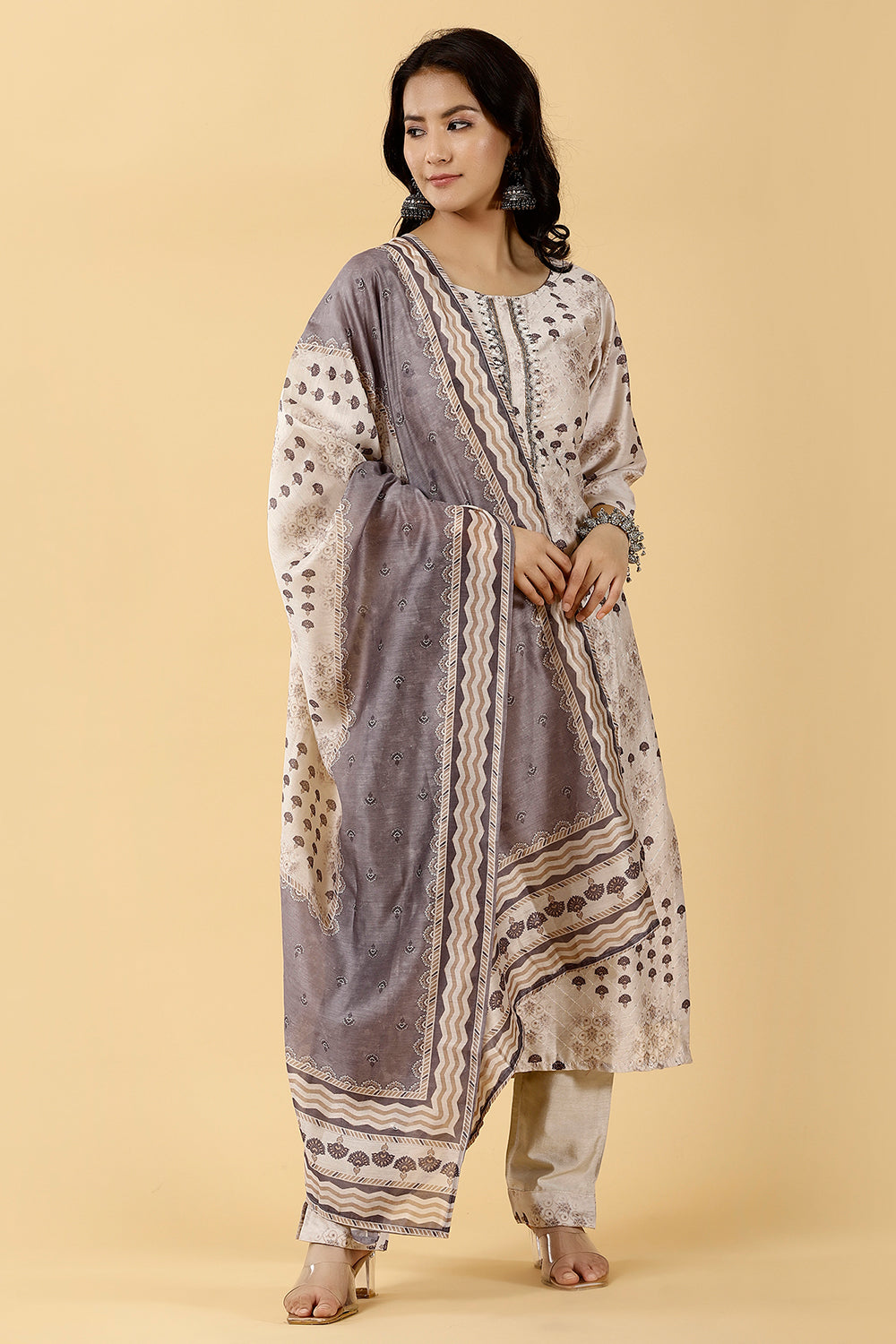 Cream Color Chanderi Printed Suit