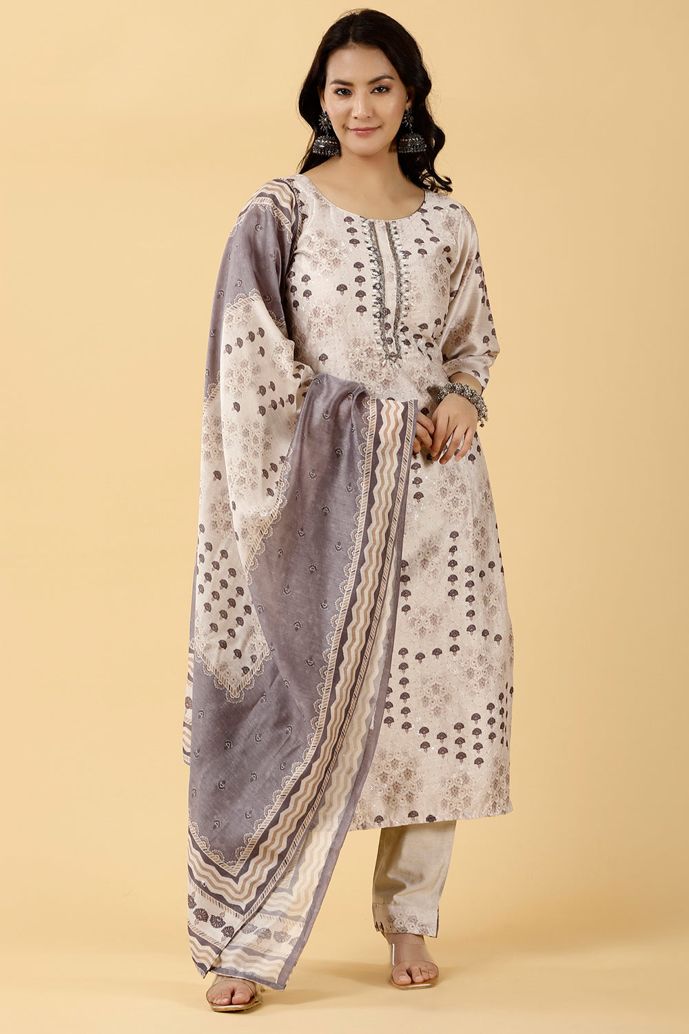Cream Color Chanderi Printed Suit